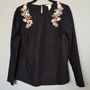 H&M Jeweled Gem embellished Black L/S Romantic Blouse NWT Size 14